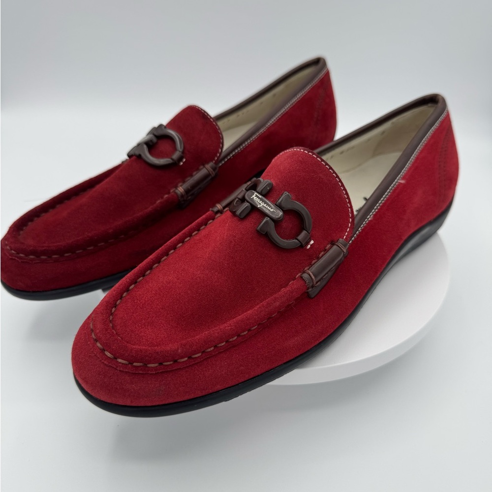 NWOT Salvatore Ferragamo Red Suede Loafers with Horsebit Detail
